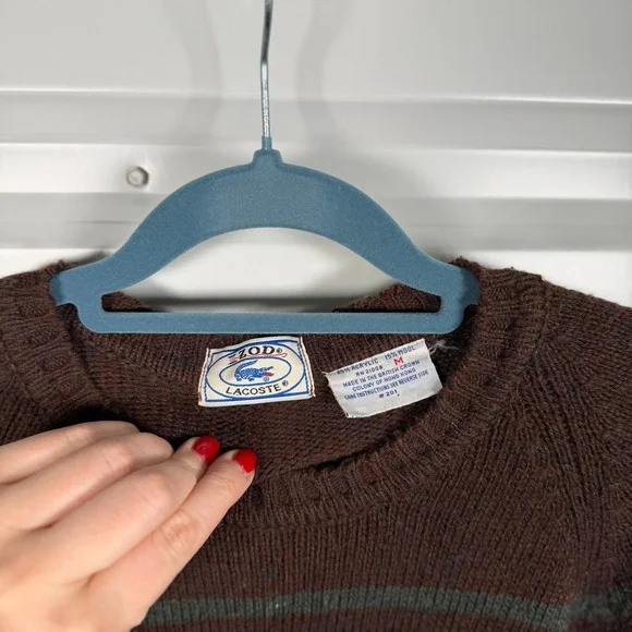 IZOD Lacoste Men's Striped Crew Neck Sweater Brown Green Tan Size M - Picture 3 of 4